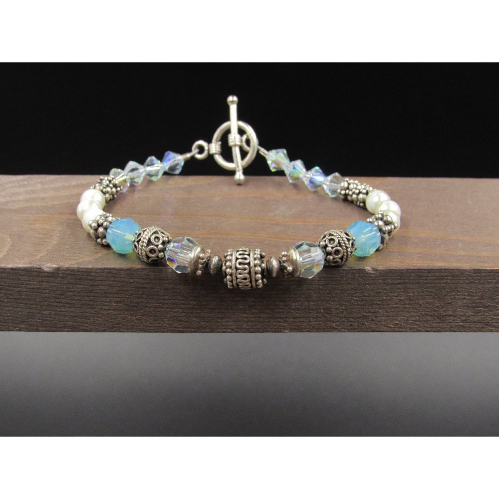 8" Sterling Silver Peeling Faux Pearl And Crystal Bracelet Vintage Elegant